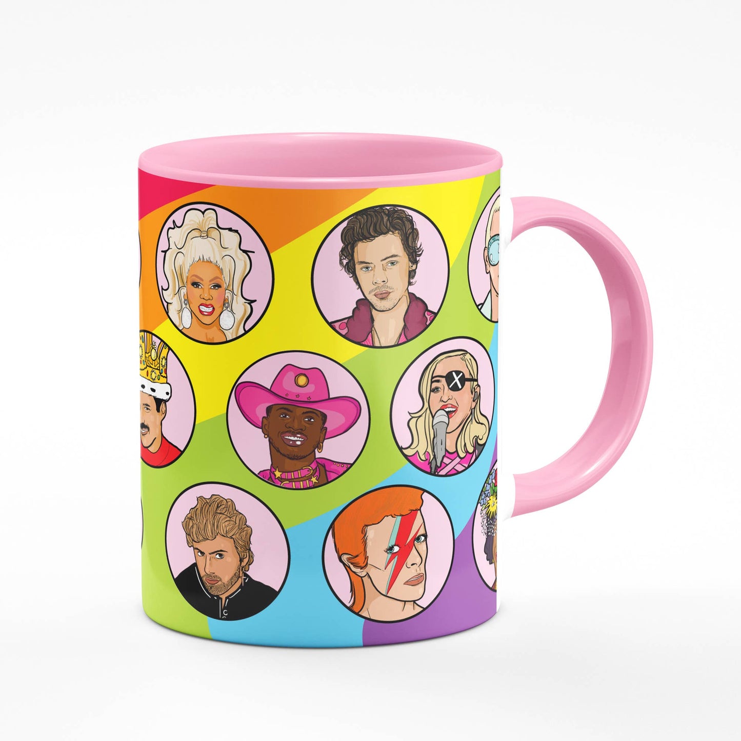 Roze mok met afbeeldingen van queer icons. Het perfecte queer kado en te koop bij Flavourez.