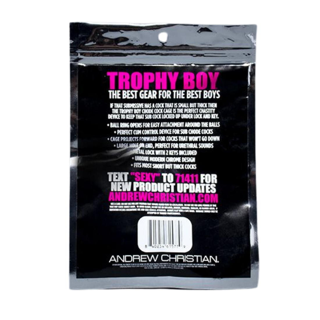 Zilverkleurige cock cage (peniskooi), voor een kleine dikke penis. Ontworpen door Andrew Christian voor gay mannen en te koop bij Flavourez.