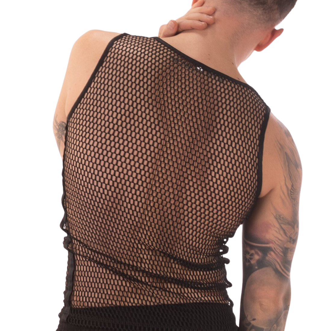 Zwarte mesh tank top, ontworpen door het Duitse modemerk Barcode Berlin. Perfect voor gay mannen en te koop bij Flavourez.