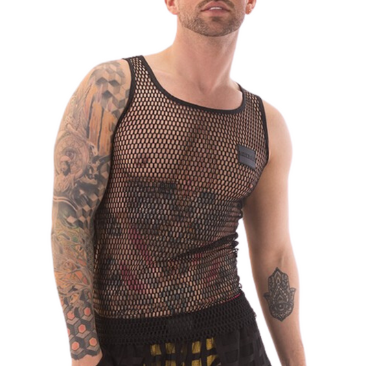 Zwarte mesh tank top, ontworpen door het Duitse modemerk Barcode Berlin. Perfect voor gay mannen en te koop bij Flavourez.