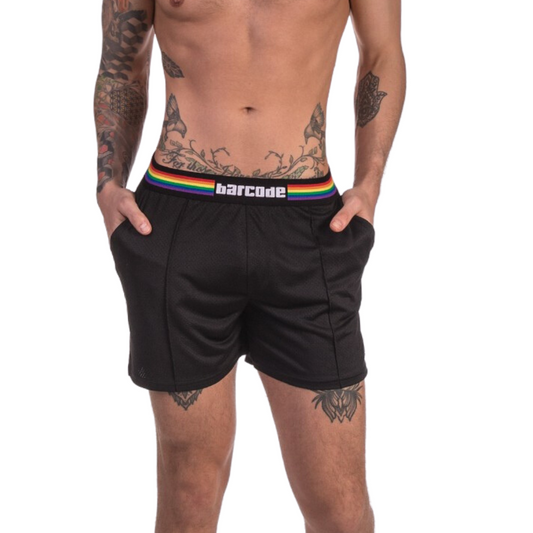 Zwarte short met regenboog tailleband, ontworpen door het Duitse modemerk Barcode Berlin perfect voor gay mannen en te koop bij Flavourez.