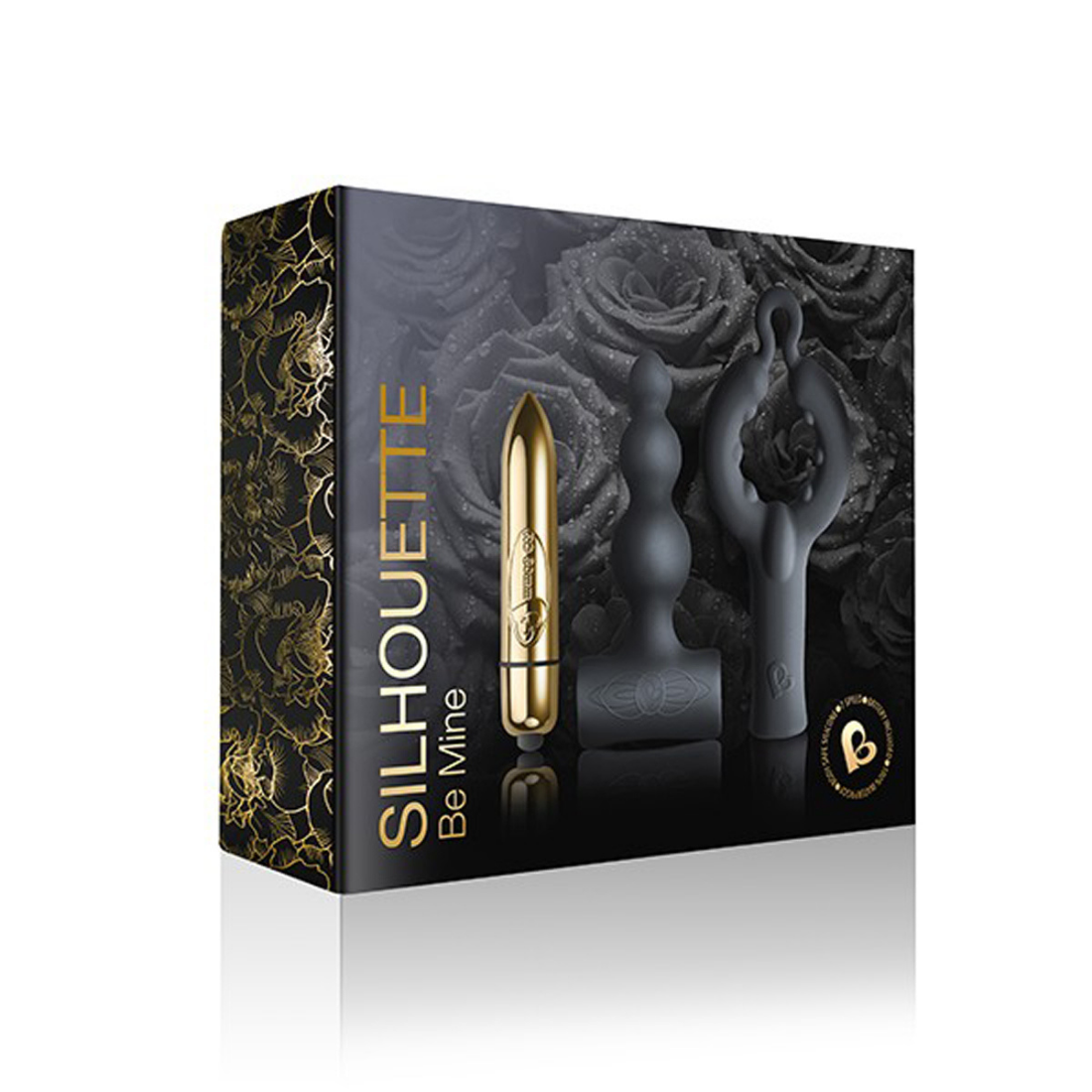 3-delige toy set bestaande, uit een gouden bullet vibrator en 1 zwarte anaal toy en 1 zwarte penis toy. Van het merk Rocks Off en te koop bij Flavourez.