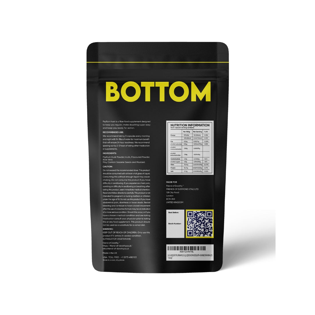 Verpakking met 45 capsules BOTTOM voedingssupplement van Friend of Dorothy, ontworpen voor betere spijsvertering, minder opgeblazen gevoel en comfortabele voorbereiding voor gay mannen, met hoogwaardige ingrediënten zoals psylliumvezels en aloe vera. Te koop bij Flavourez.