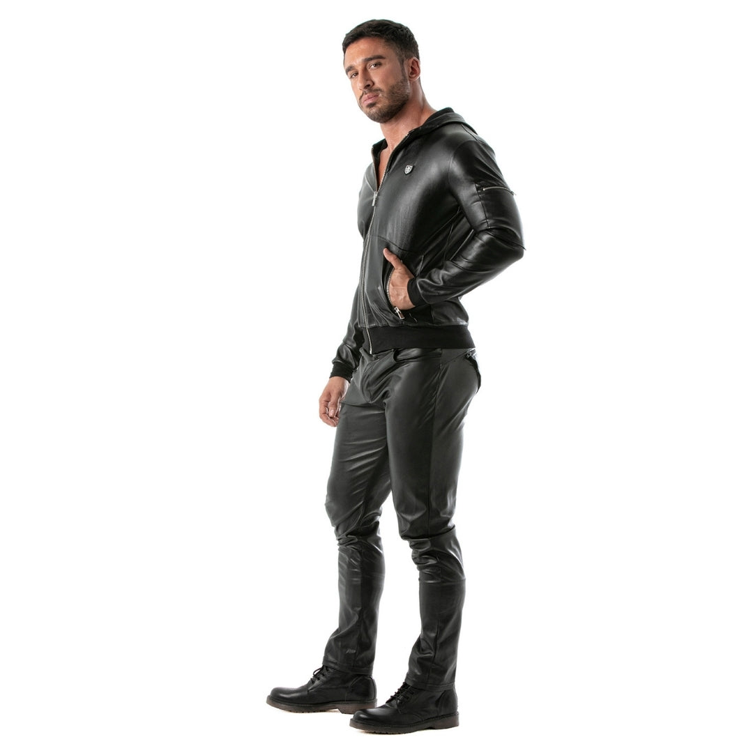 Zwart faux Leather Hoodie Vest van TOF Paris. Ontworpen voor gay mannen en te koop bij Flavourez.