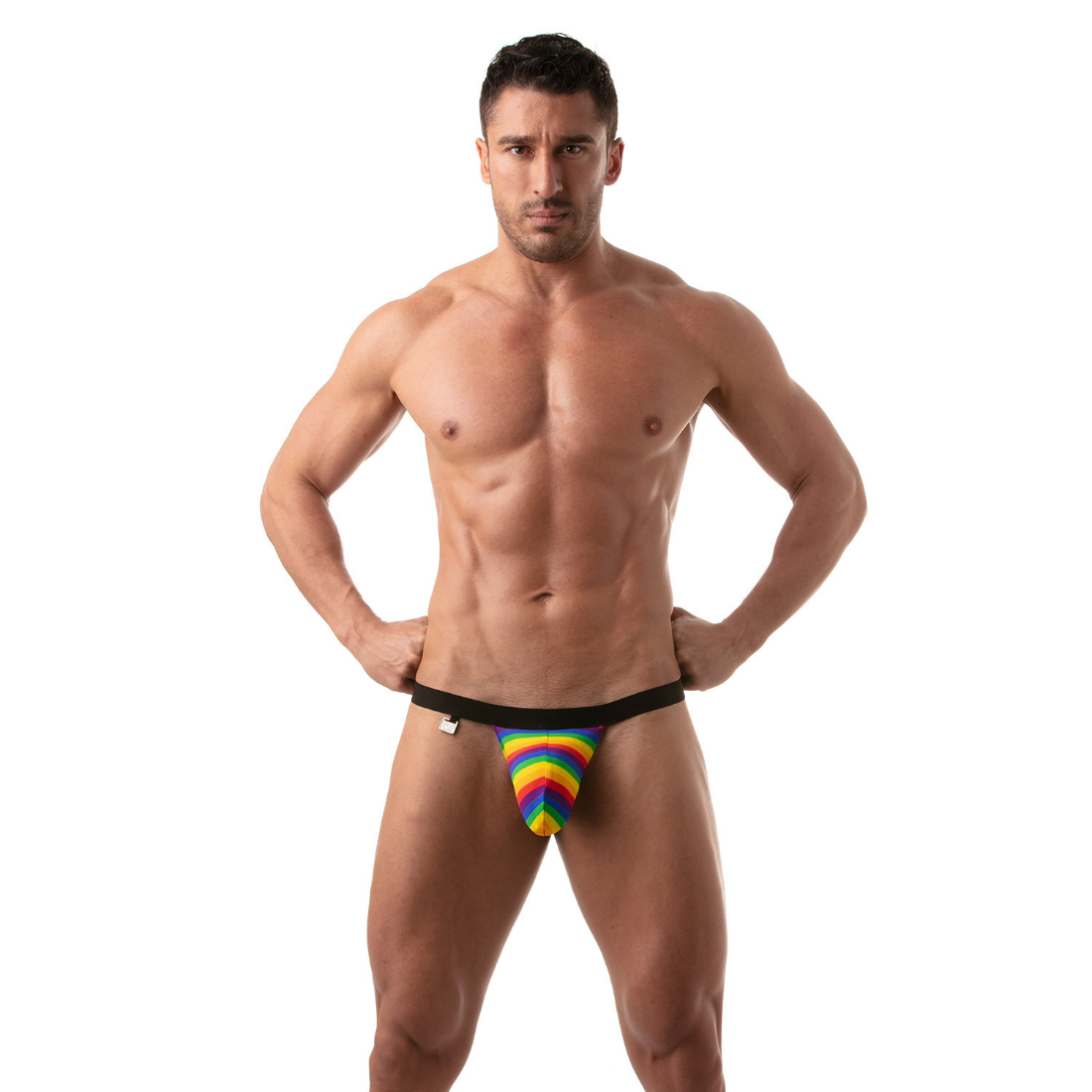 Zwemstring in regenboogkleuren ontworpen door Tof Paris voor gay mannen en te koop bij Flavourez.