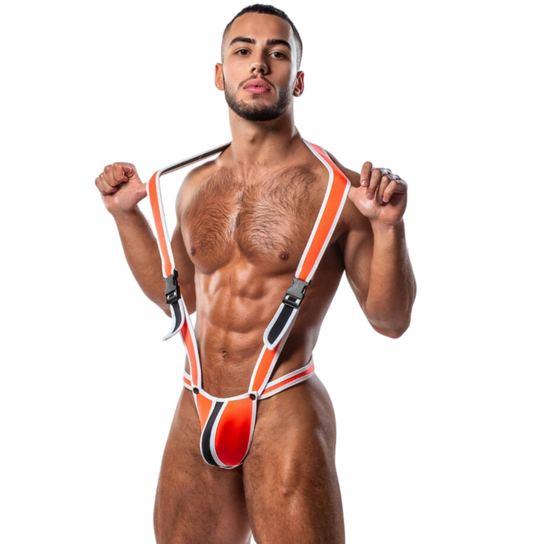 Stoere oranje heren singlet, ontworpen door het Italiaanse modehuis Sparta’s Harness perfect voor gay mannen en te koop bij Flavourez.