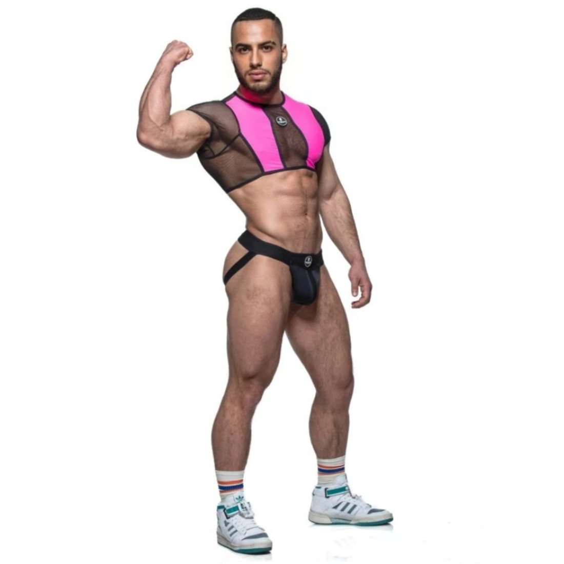 Roze crop top met zwarte meshstof, gemaakt door het fabuleuze Italiaanse merk Sparta’s Harness. Perfect voor gay mannen en te koop bij Flavourez.