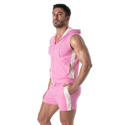Sexy roze armloze hoodie, ontworpen door Tof Paris! Perfect voor gay mannen en te koop bij Flavourez.