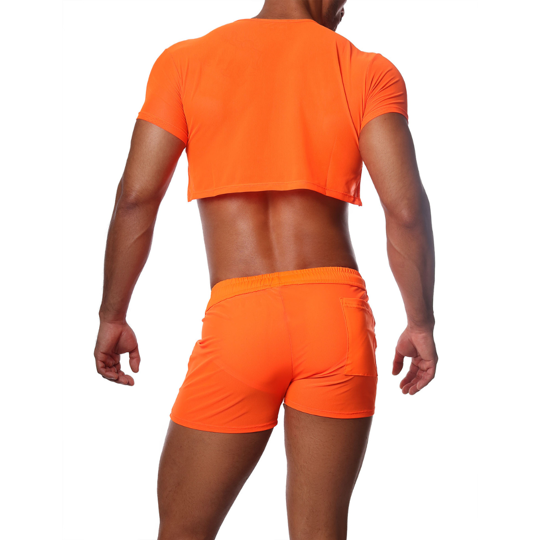 Sexy neon oranje gay crop top, ontworpen door het Franse modehuis Tof Paris. Perfect voor gay mannen en te koop bij Flavourez.