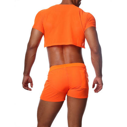 Sexy neon oranje gay crop top, ontworpen door het Franse modehuis Tof Paris. Perfect voor gay mannen en te koop bij Flavourez.