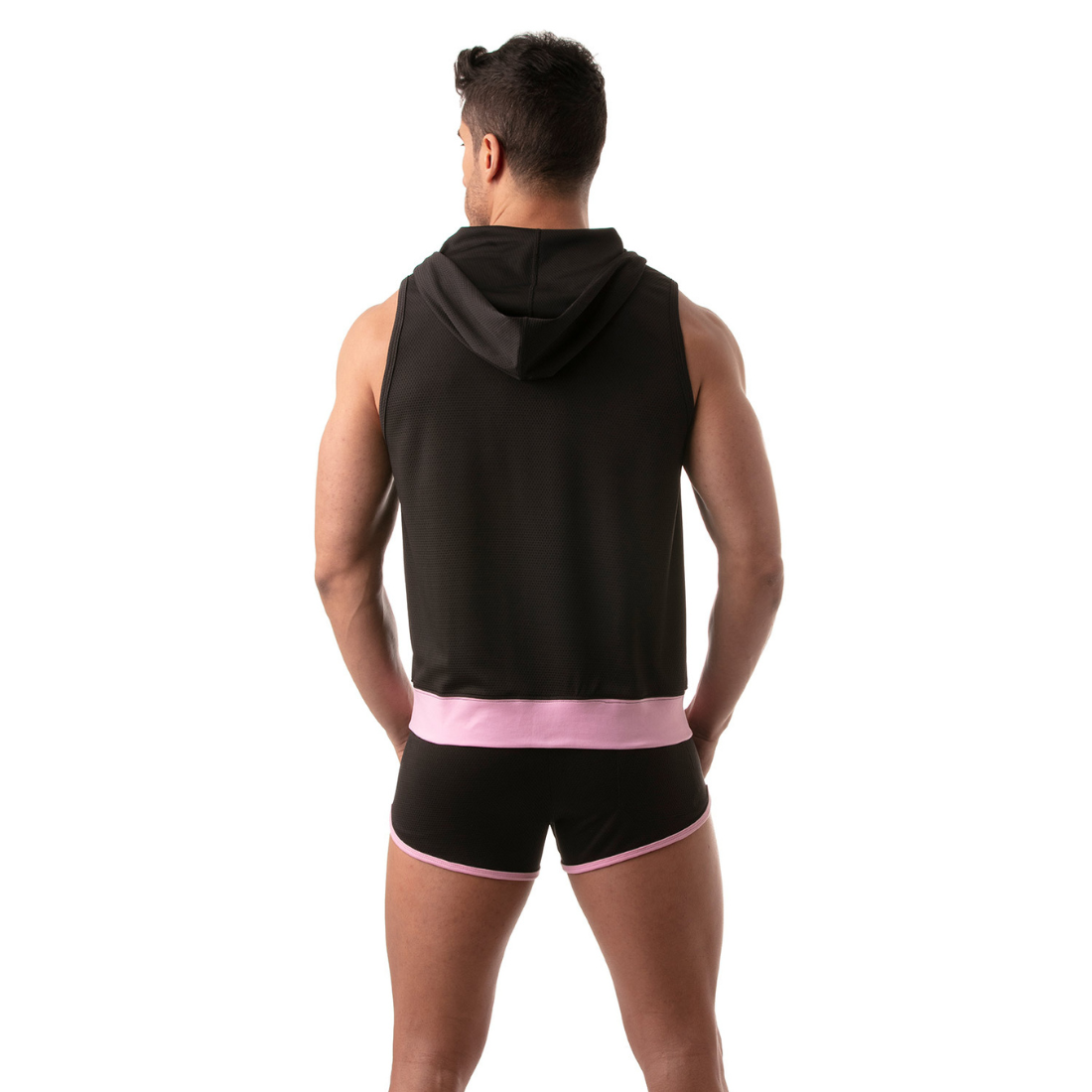 Zwarte hoodie zonder mouwen met roze accenten, ontworpen door het Franse modehuis Tof Paris. Perfect voor gay mannen en te koop bij Flavourez.
