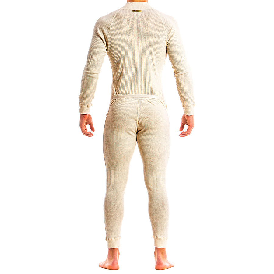 Luxe zandkleurige heren Onesie ontworpen door het Griekse modehuis Modus Vivendi en te koop bij Flavourez.
