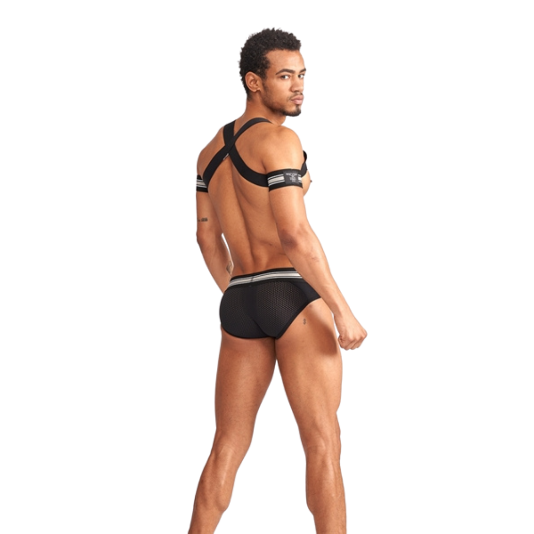 Grijs met zwart harnas van Mister B. Perfecte accessoire voor gay club of party. Verkrijgbaar bij Flavourez.