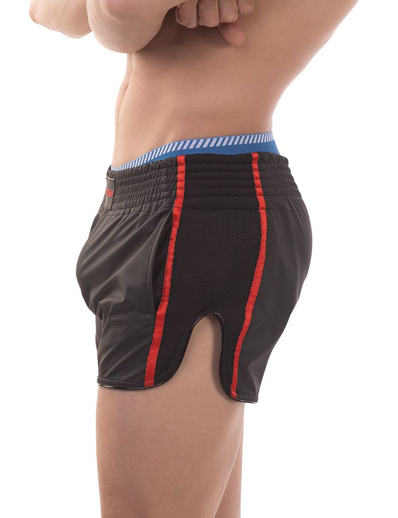 Zeer korte zwarte short met rode strepen en Barcode logo. Producten van Barcode perfect voor gay mannen en te koop bij Flavourez.