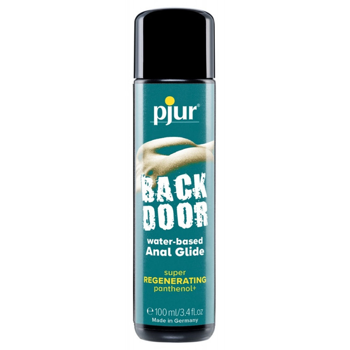 Turqoise flesje Backdoor Panthenol premium glijmiddel op waterbasis van het merk Pjur. Het flesje bevat 100 ml. Perfect voor gay mannen en te koop bij Flavourez!
