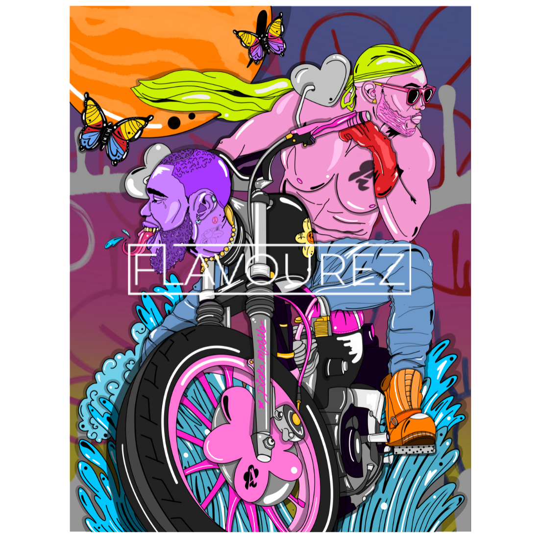 Zeer kleurrijke Poster Print 'Motorsquirt' geschilderd door Antzinyopants. Gay Art en LGBTQ+ Art van Antzinyopants is te koop bij Flavourez.