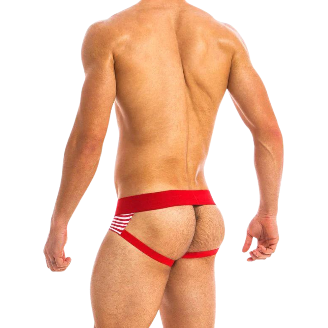 Stijvolle sexy rode jockstrap met witte strepen. Ontorpen door Modus Vivendi. Perfect voor gay mannen en te koop bij Flavourez.