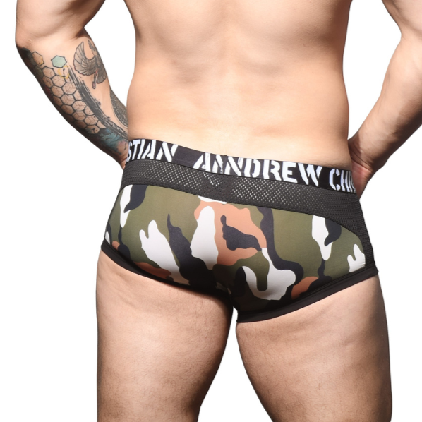 Super sexy boxer met camouflage print en mesh, ontworpen door Andrew Christian en te koop bij Flavourez!