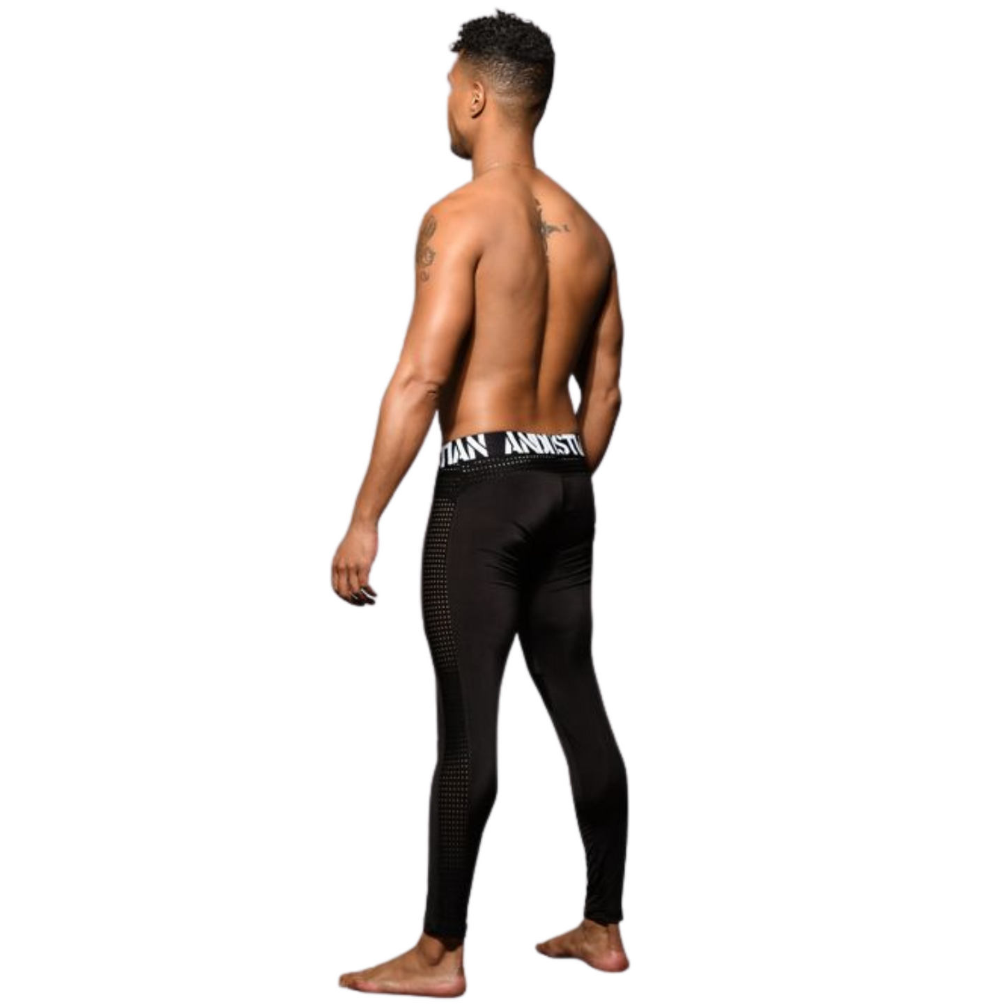 Zwarte heren legging met extra brede tailleband, ontworpen door Andrew Christianperfect voor gay mannen en te koop bij Flavourez.