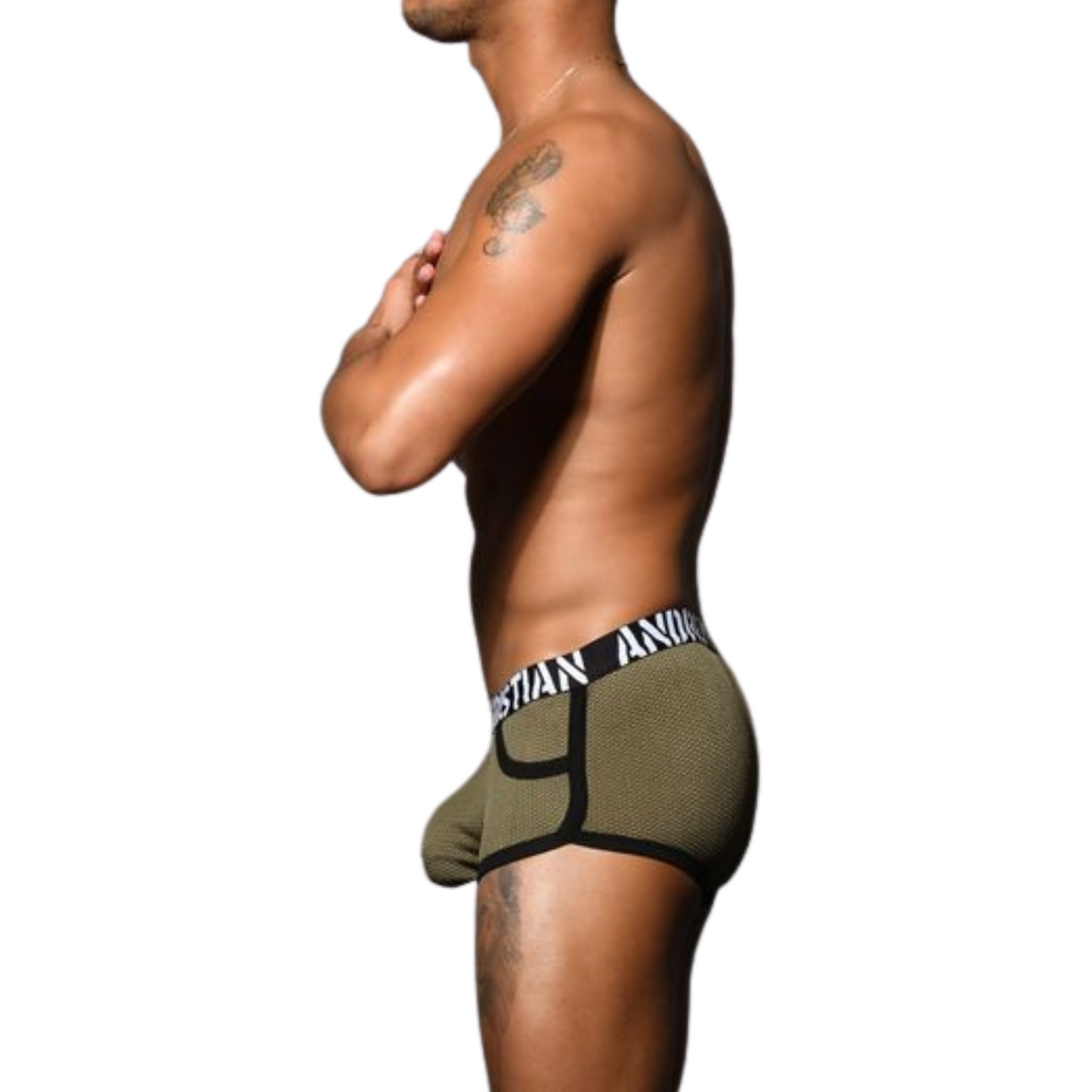Stoere olijfgroene boxershort met zakken en lichtblauwe accenten. Ontworpen door Andrew Christian en te koop bij Flavourez.