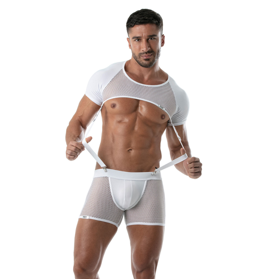 Witte Circuit Mesh Jock Short met elastische banden voor jockstrap effect, ontworpen door het Franse gay modemerk TOF Paris perfect voor gay mannen en te koop bij Flavourez.