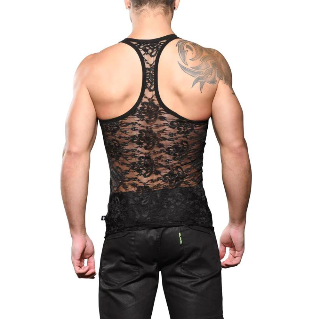 Sexy zwart lace tank top, ontworpen door het Amerikaanse gay merk Andrew Christian en te koop bij Flavourez.