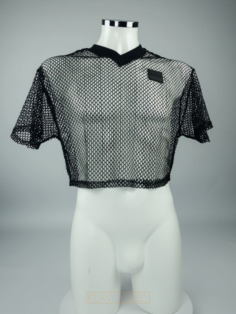 Sexy zwarte mesh crop top ontworpen door Barcode perfect voor gay mannen en te koop bij Flavourez