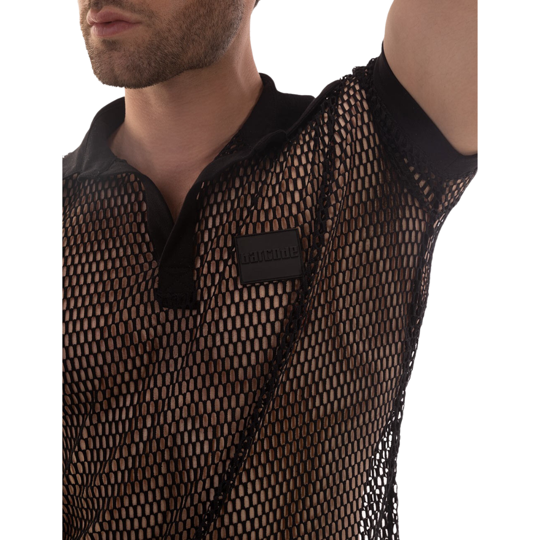 Zwarte, stijlvolle mesh polo, ontworpen door het Duitse modemerk Barcode Berlin en te koop bij Flavourez.