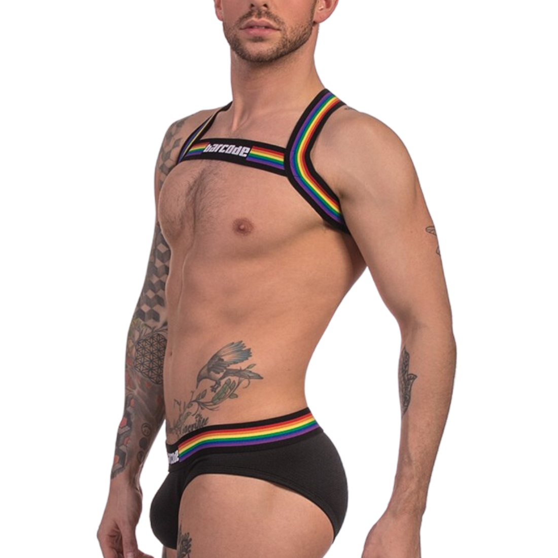 Zwart gay pride harnas met regenboog borduursel, ontworpen door het Duitse modemerk Barcode Berlin en te koop bij Flavourez.