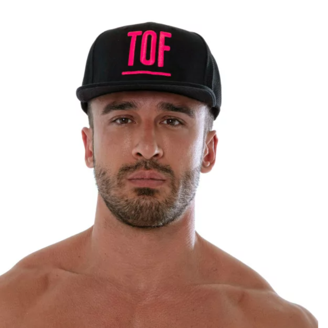 Zwarte Tof Paris Circuit Cap met neon roze logo. Ontworpen voor gay mannen en te koop bij Flavourez.
