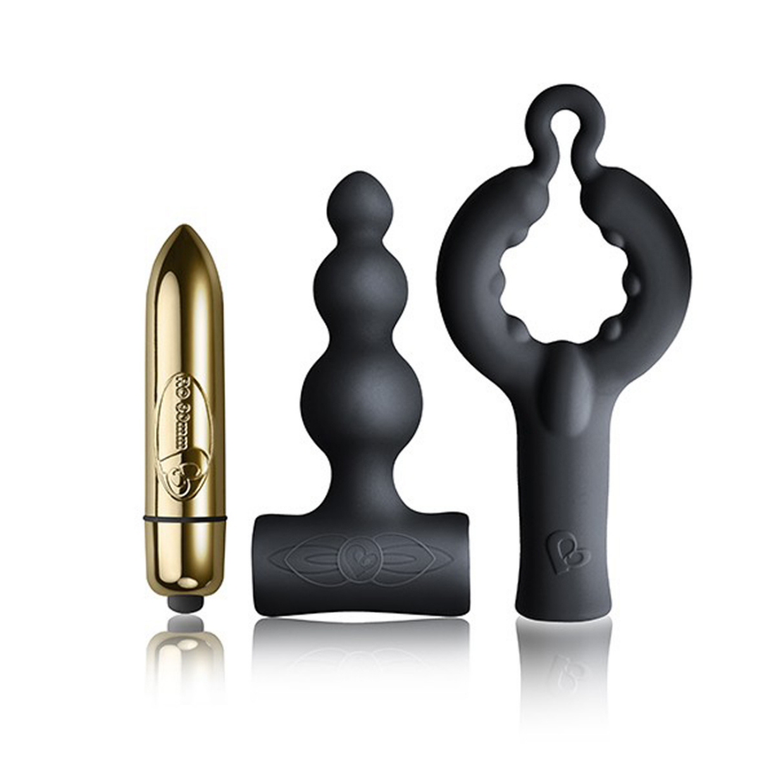 3-delige toy set bestaande, uit een gouden bullet vibrator en 1 zwarte anaal toy en 1 zwarte penis toy. Van het merk Rocks Off en te koop bij Flavourez.