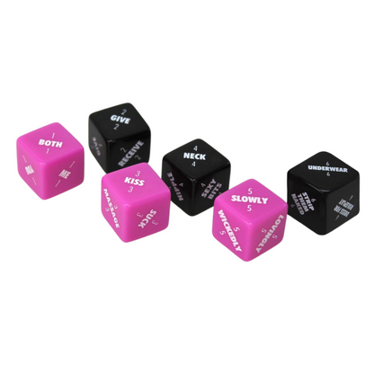 Adult Dobbelspel met 6 dobbelstenen, 3 zwarte en 3 roze. Ontworpen door Creative Conceptions en te koop bij Flavourez