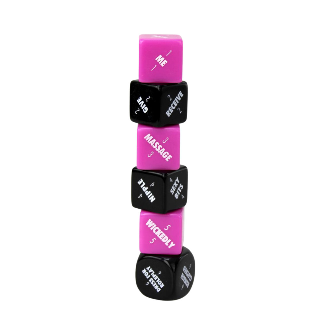 Adult Dobbelspel met 6 dobbelstenen, 3 zwarte en 3 roze. Ontworpen door Creative Conceptions en te koop bij Flavourez