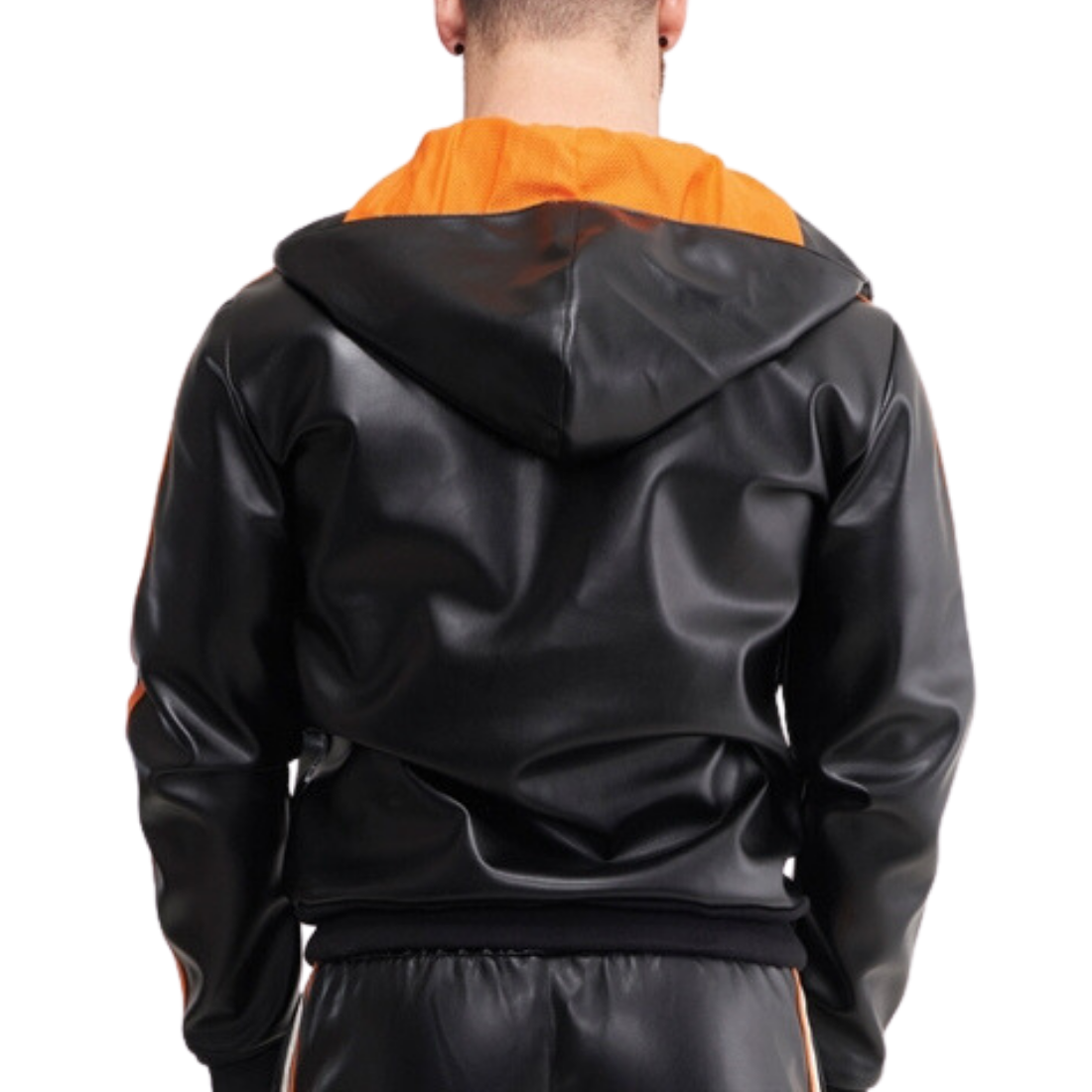 Zwarte kunstleren trainingsjack met oranje en witte strepen, ontworpen door Mr. Riegillio, te koop bij Flavourez.