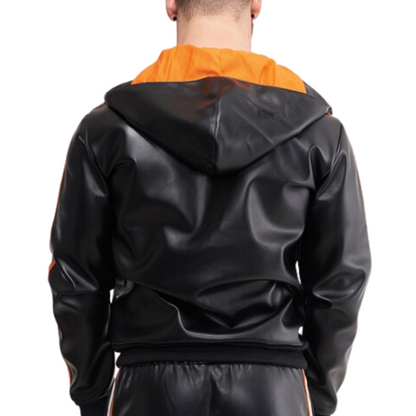 Zwarte kunstleren trainingsjack met oranje en witte strepen, ontworpen door Mr. Riegillio. Perfect voor gay mannen en te koop bij Flavourez.