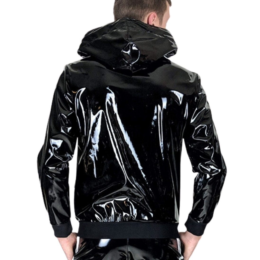 Zwarte PVC tracksuit jacket met witte strepen van Mr. Riegillio en te koop bij Flavourez.