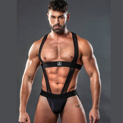 Zwarte gay singlet ontworpen door het Italiaanse modehuis Sparta’s Harness, perfect voor gay mannen en te koop bij Flavourez.
