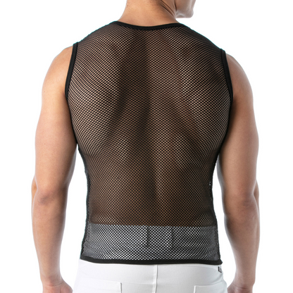 Sexy zwarte mesh tank top, ontworpen door Tof Paris. Perfect voor gay mannen en te koop bij Flavourez.