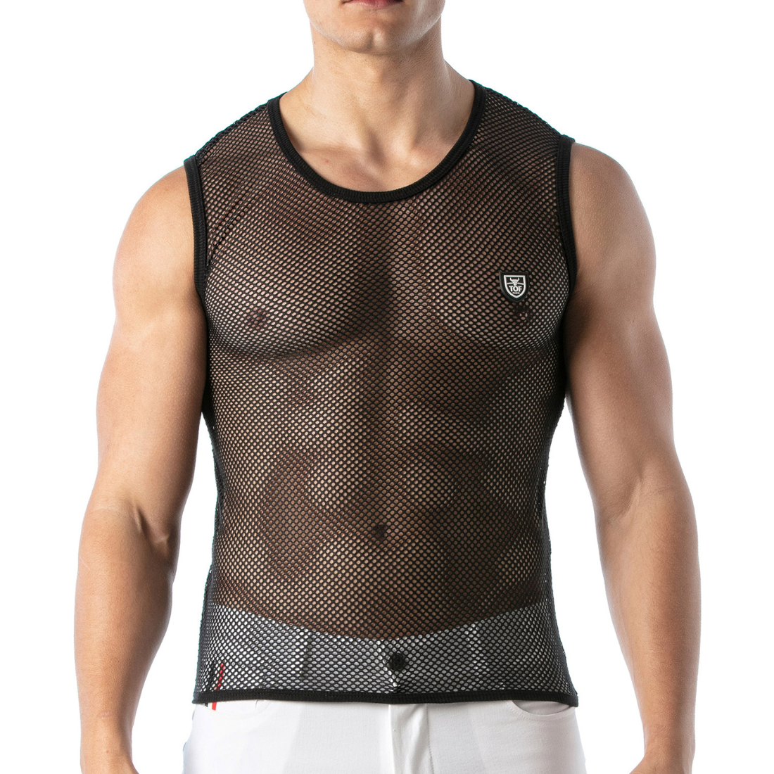 Sexy zwarte mesh tank top, ontworpen door Tof Paris. Perfect voor gay mannen en te koop bij Flavourez.