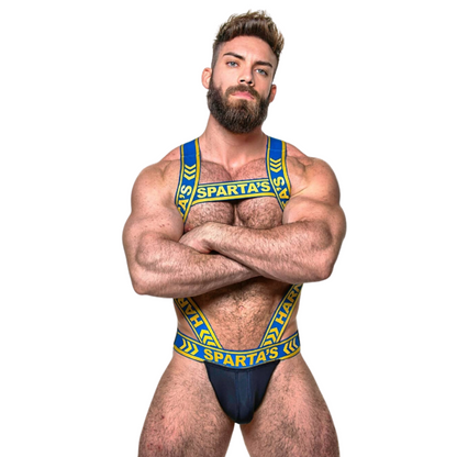 Blauwe elastische singlet van Sparta’s Harness, perfect voor gay mannen en te koop bij Flavourez.