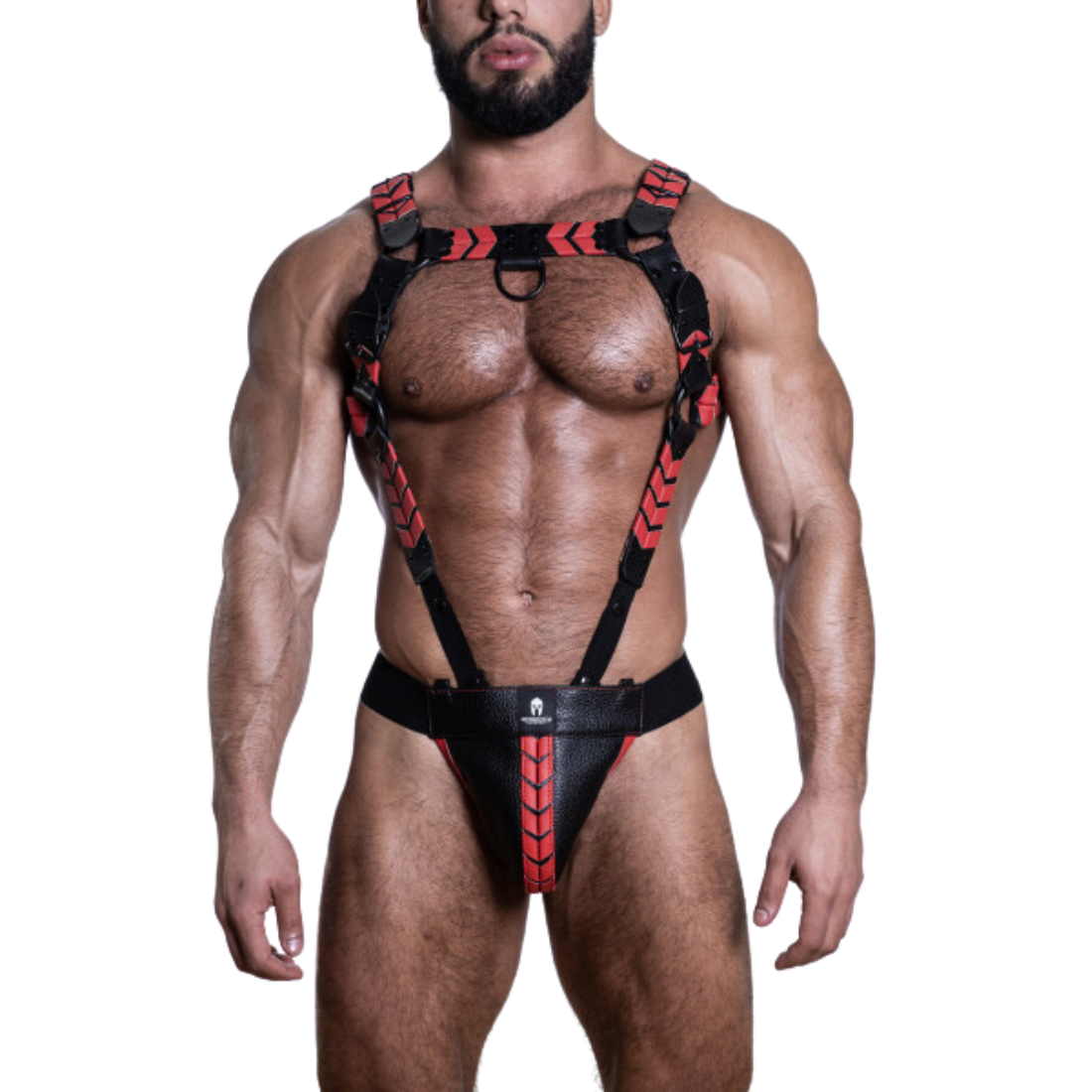 Zwarte, leren full body harnas met rode details en metalen cock ring, ontworpen door Sparta’s Harness en te koop bij Flavourez.