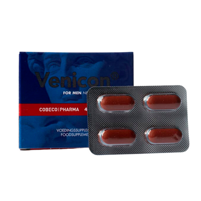Blauw doosje met Cobeco Pharma Venicon, met 4 Erectiepillen en te koop bij Flavourez.