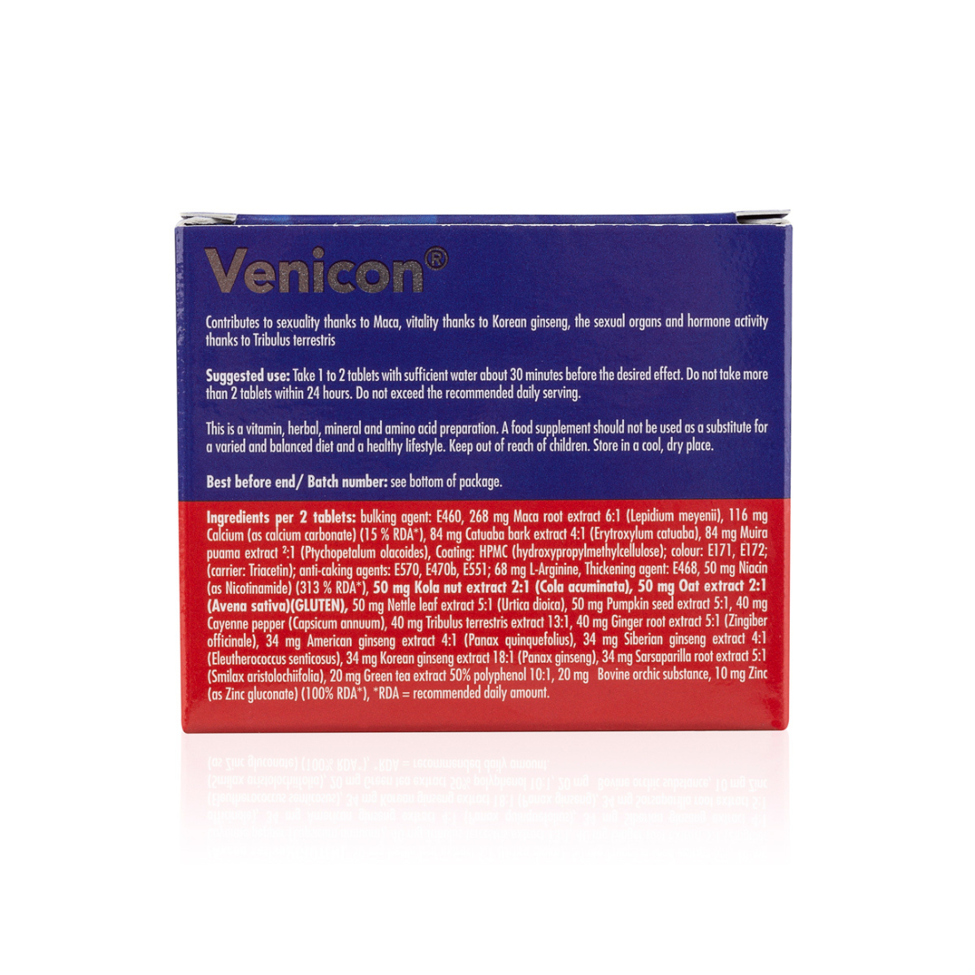 Blauw doosje met Cobeco Pharma Venicon, met 4 Erectiepillen. Perfect voor gay mannen en te koop bij Flavourez.