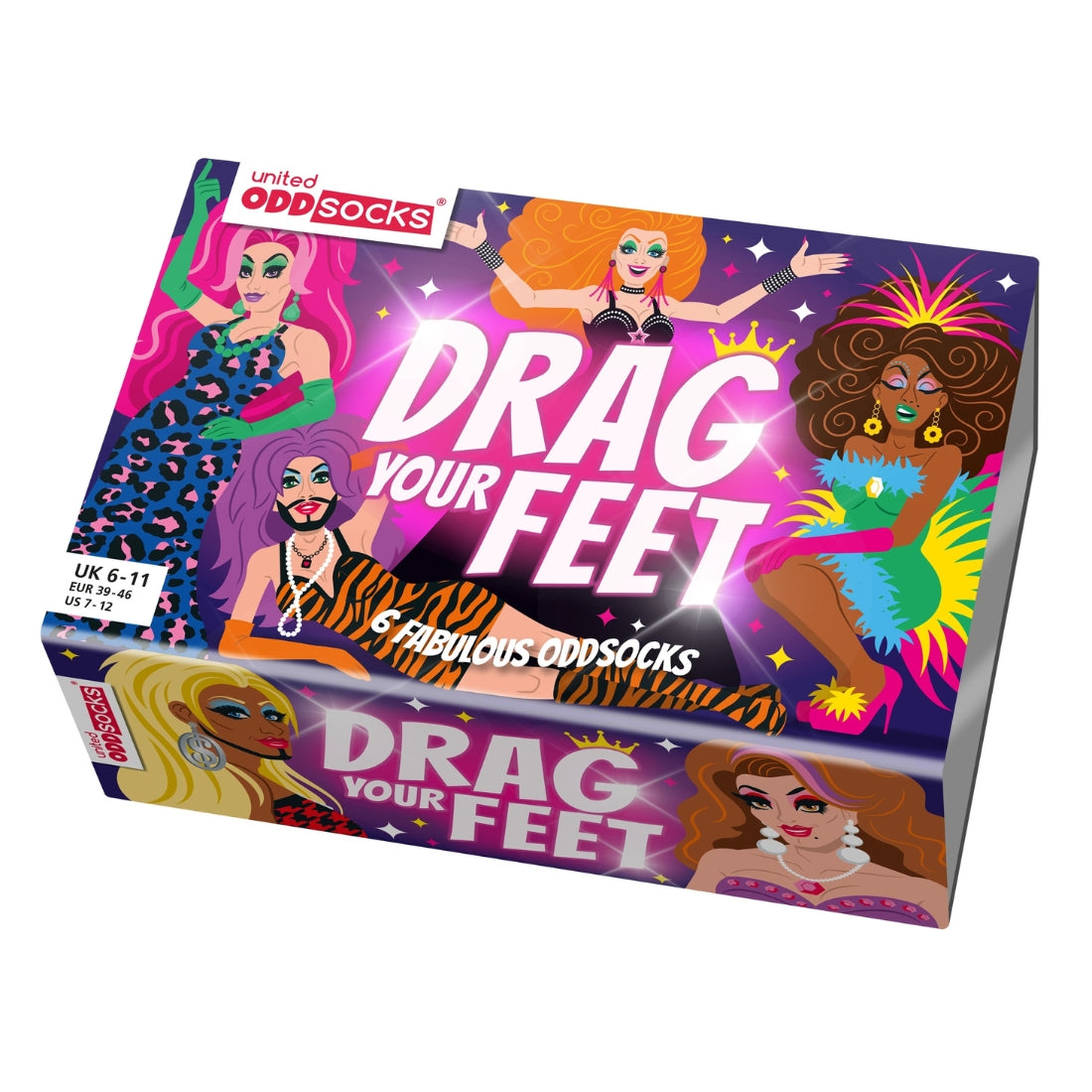 6 Drag Queen thema sokken in mooie geschenkdoos. Perfect queercadeau en te koop bij Flavourez.