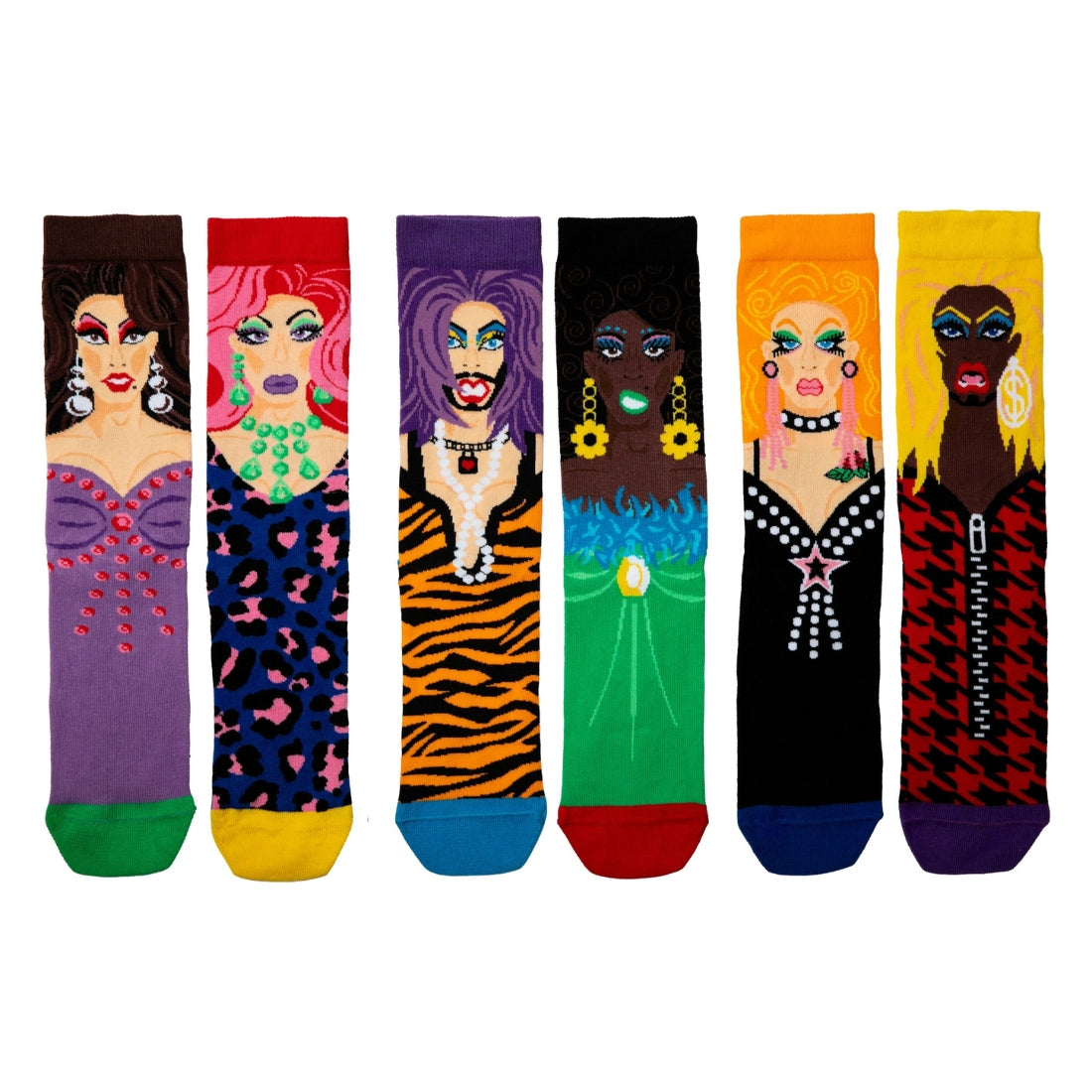 6 Drag Queen thema sokken in mooie geschenkdoos. Perfect queercadeau en te koop bij Flavourez.