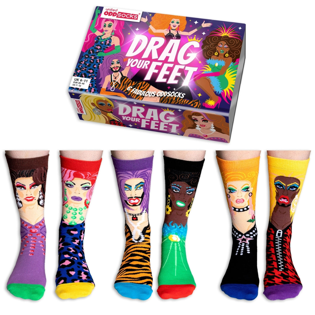 6 Drag Queen thema sokken in mooie geschenkdoos. Perfect queercadeau en te koop bij Flavourez.