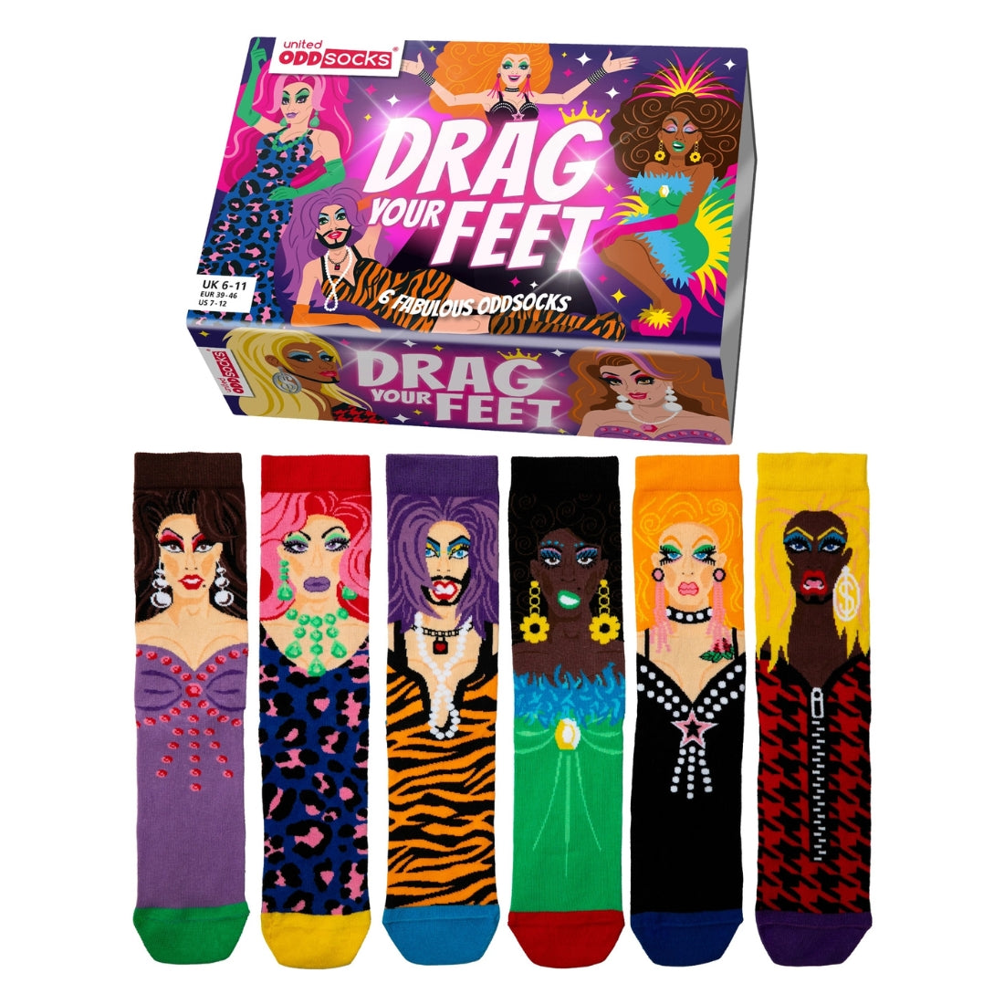 6 Drag Queen thema sokken in mooie geschenkdoos. Perfect queercadeau en te koop bij Flavourez.