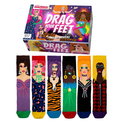6 Drag Queen thema sokken in mooie geschenkdoos. Perfect queercadeau en te koop bij Flavourez.