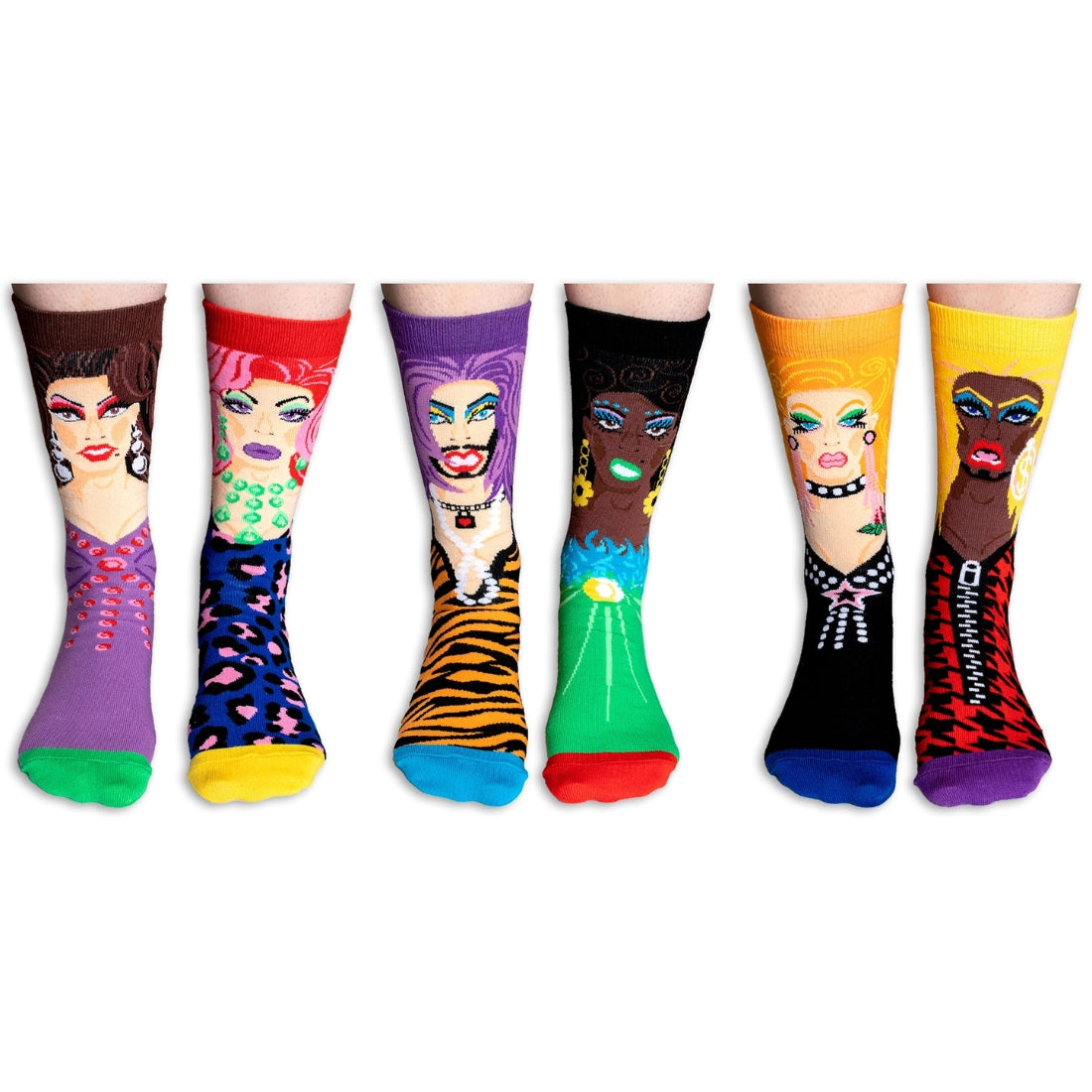 6 Drag Queen thema sokken in mooie geschenkdoos. Perfect queercadeau en te koop bij Flavourez.