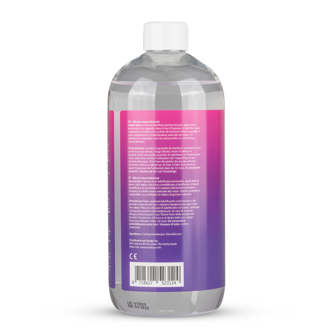 Grote fles (500 ml) siliconen glijmiddel met doseerpompje van het merk EasyGlide. Perfect voor gay mannen en te koop bij Flavourez.